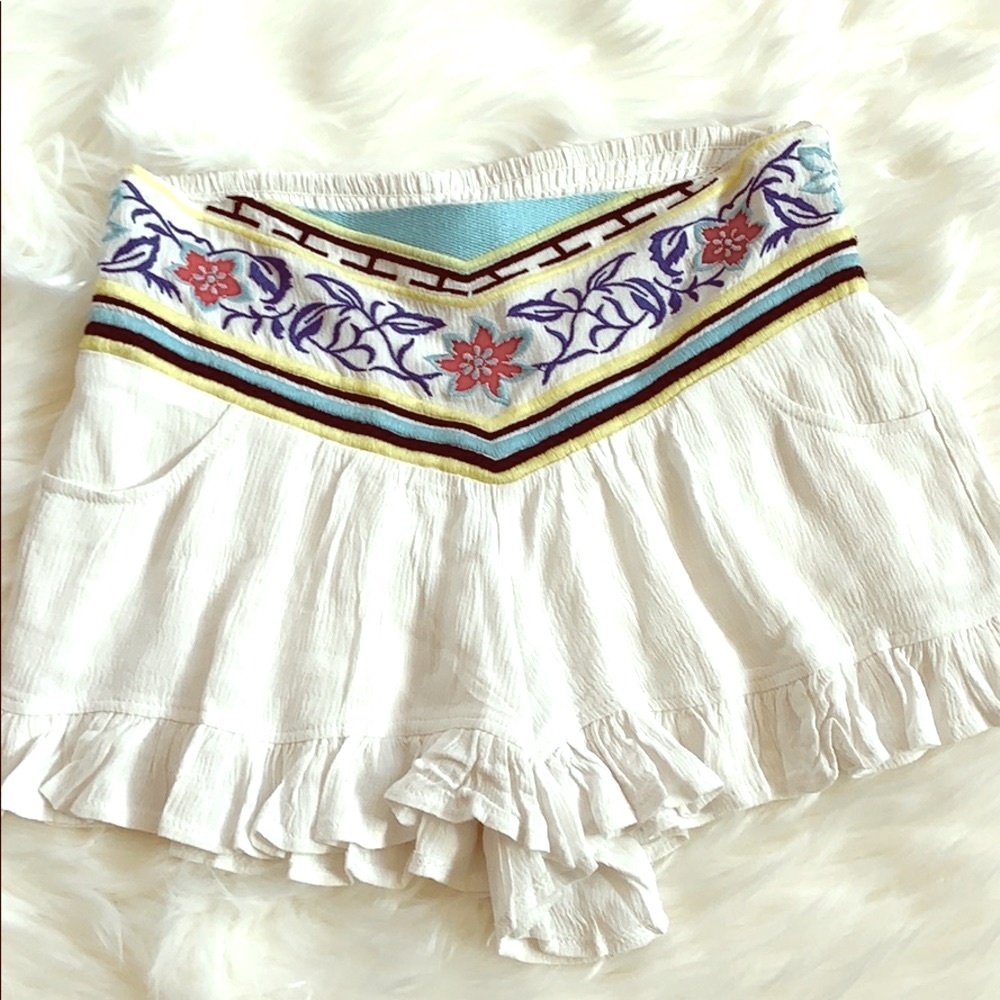 Embroidered White Women’s Festival Shorts with Multicolor Waistband